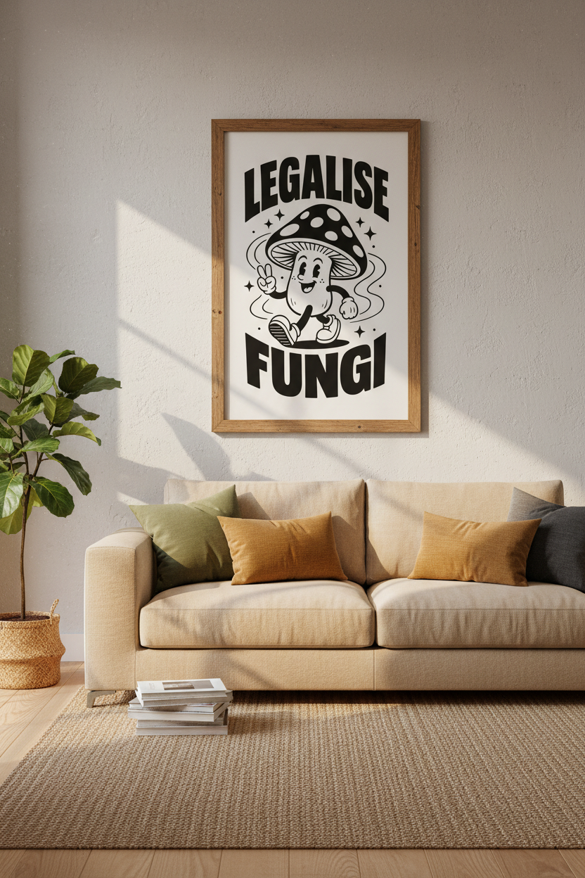 Retro Mushroom Wall Art Print | Funny Cartoon Poster Decor | Legalise Fungi Art