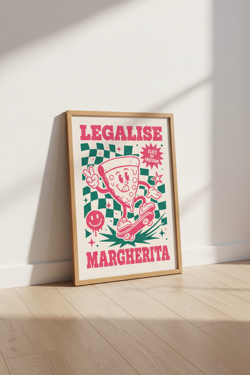 Retro Pizza Skate Wall Art | Pink Green Kitchen Decor | Funny Cartoon Poster