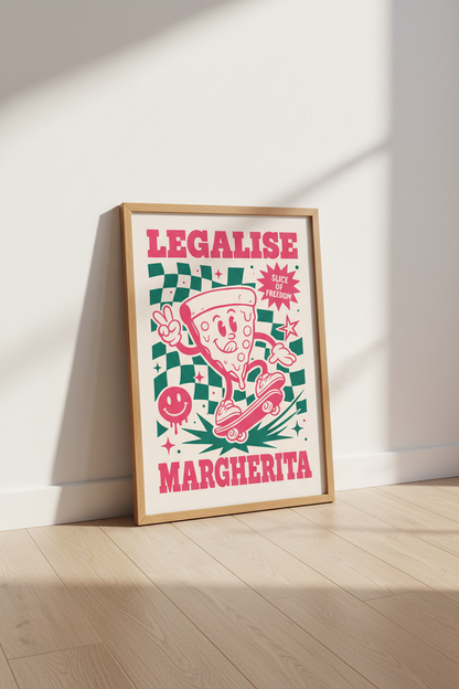 Retro Pizza Skate Wall Art | Pink Green Kitchen Decor | Funny Cartoon Poster