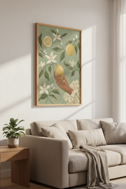 Lemon Harvest Wall Art | Sage Green Botanical Print, Kitchen Decor Poster