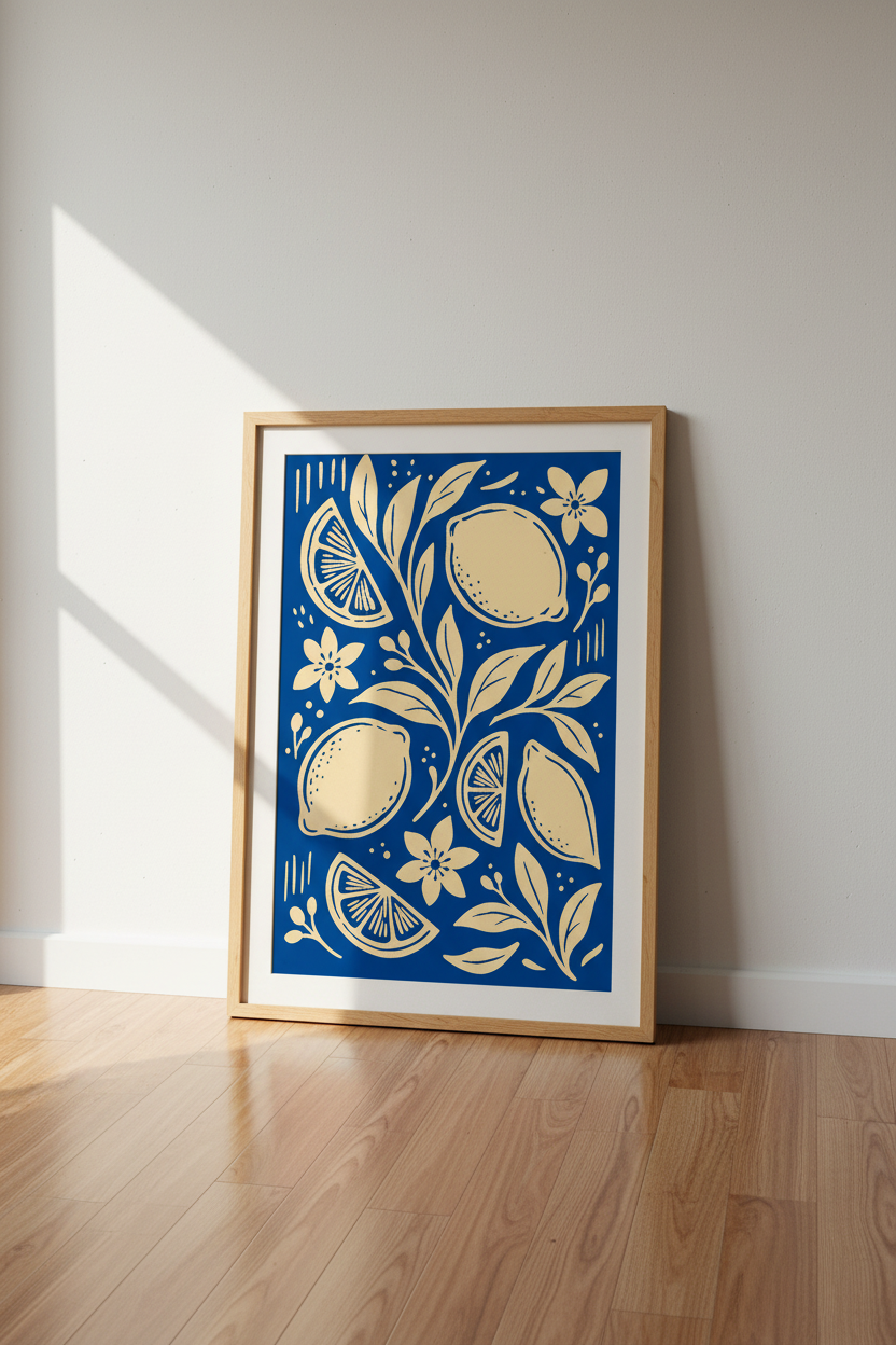 Mediterranean Lemon Wall Art | Navy &amp; Gold Botanical Print | Modern Kitchen Decor Poster