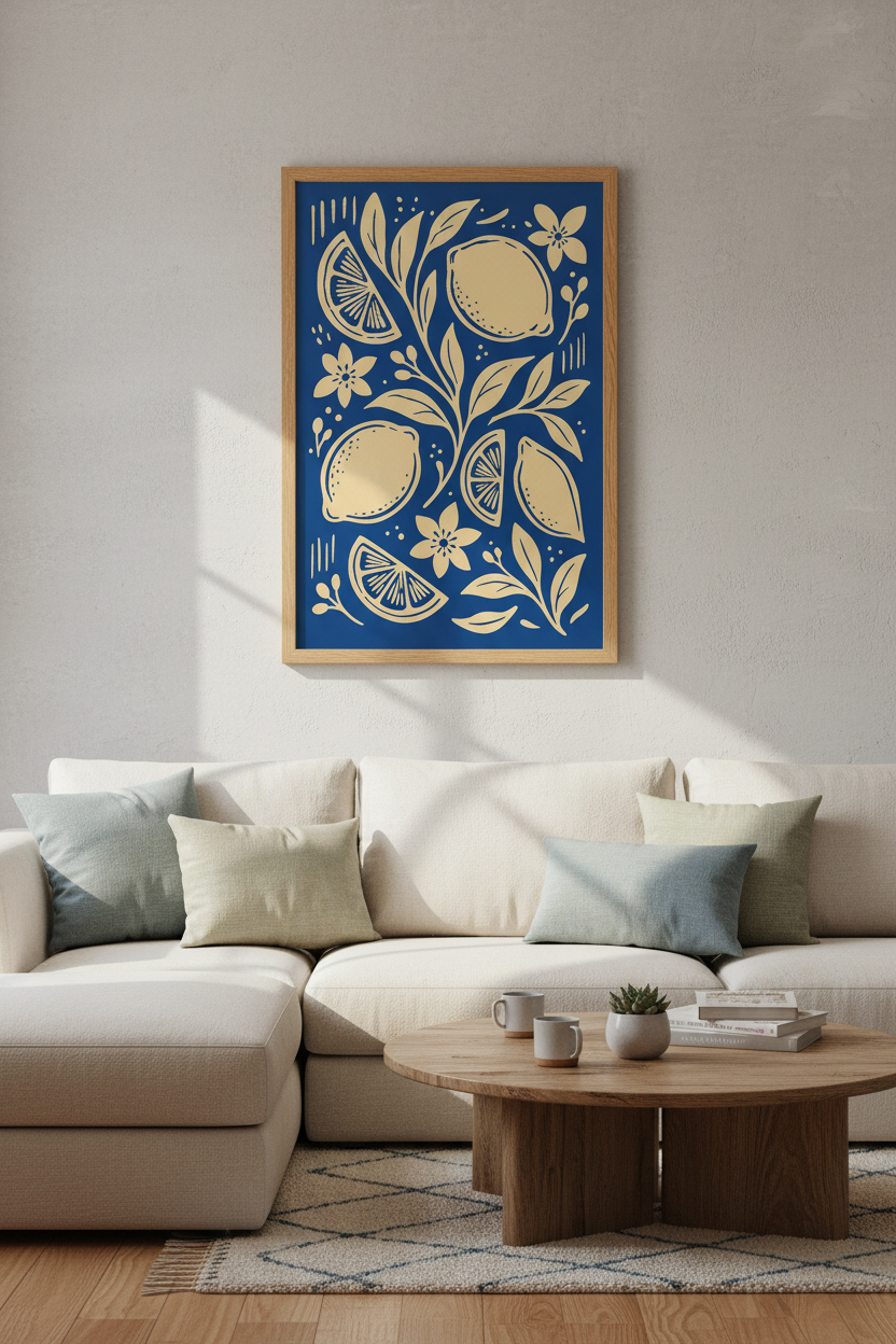 Mediterranean Lemon Wall Art | Navy &amp; Gold Botanical Print | Modern Kitchen Decor Poster