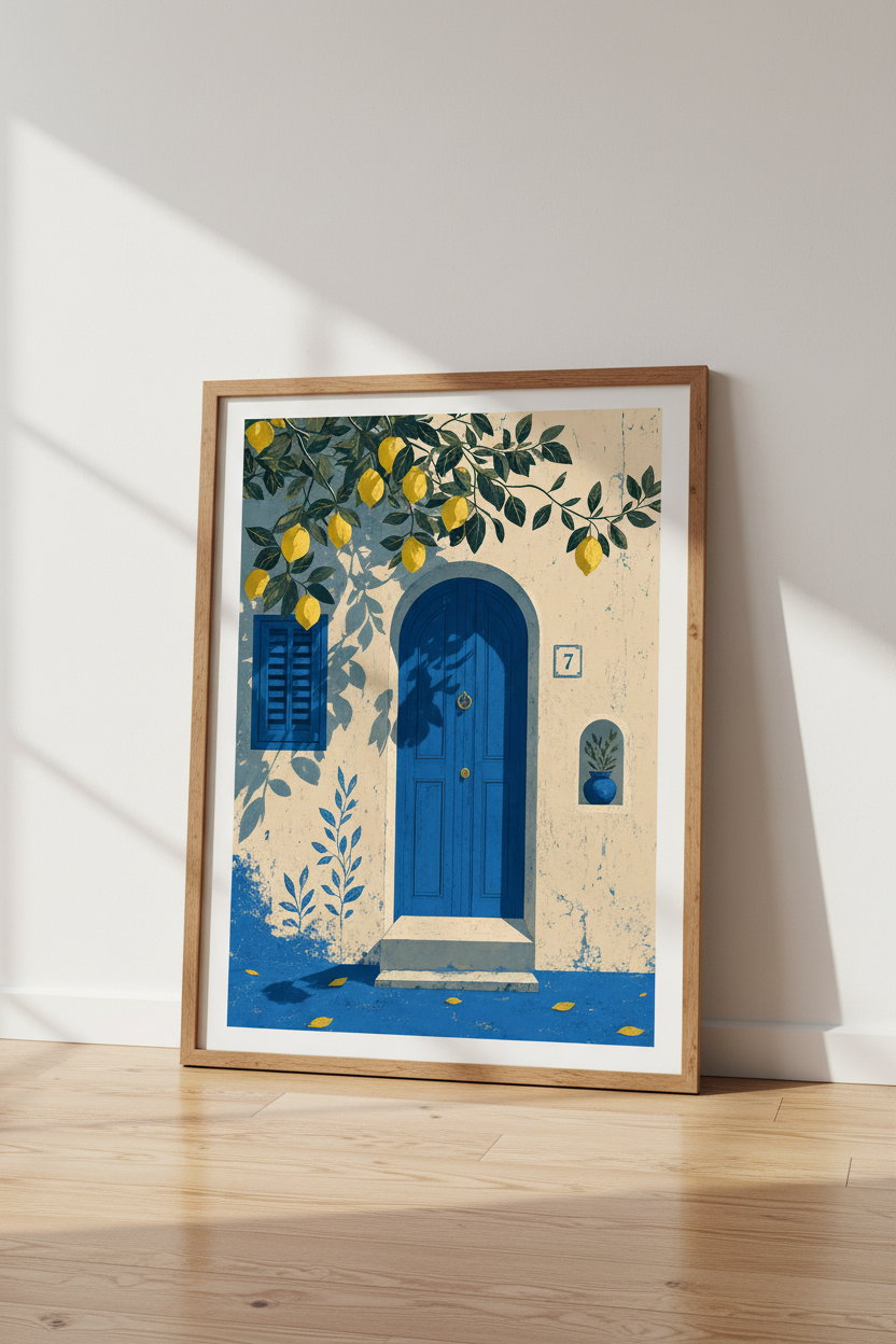 Mediterranean Blue Door &amp; Lemon Tree Wall Art | Coastal Kitchen Decor | Summer Poster