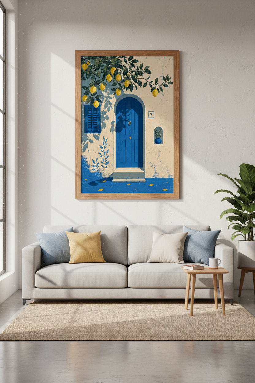 Mediterranean Blue Door &amp; Lemon Tree Wall Art | Coastal Kitchen Decor | Summer Poster