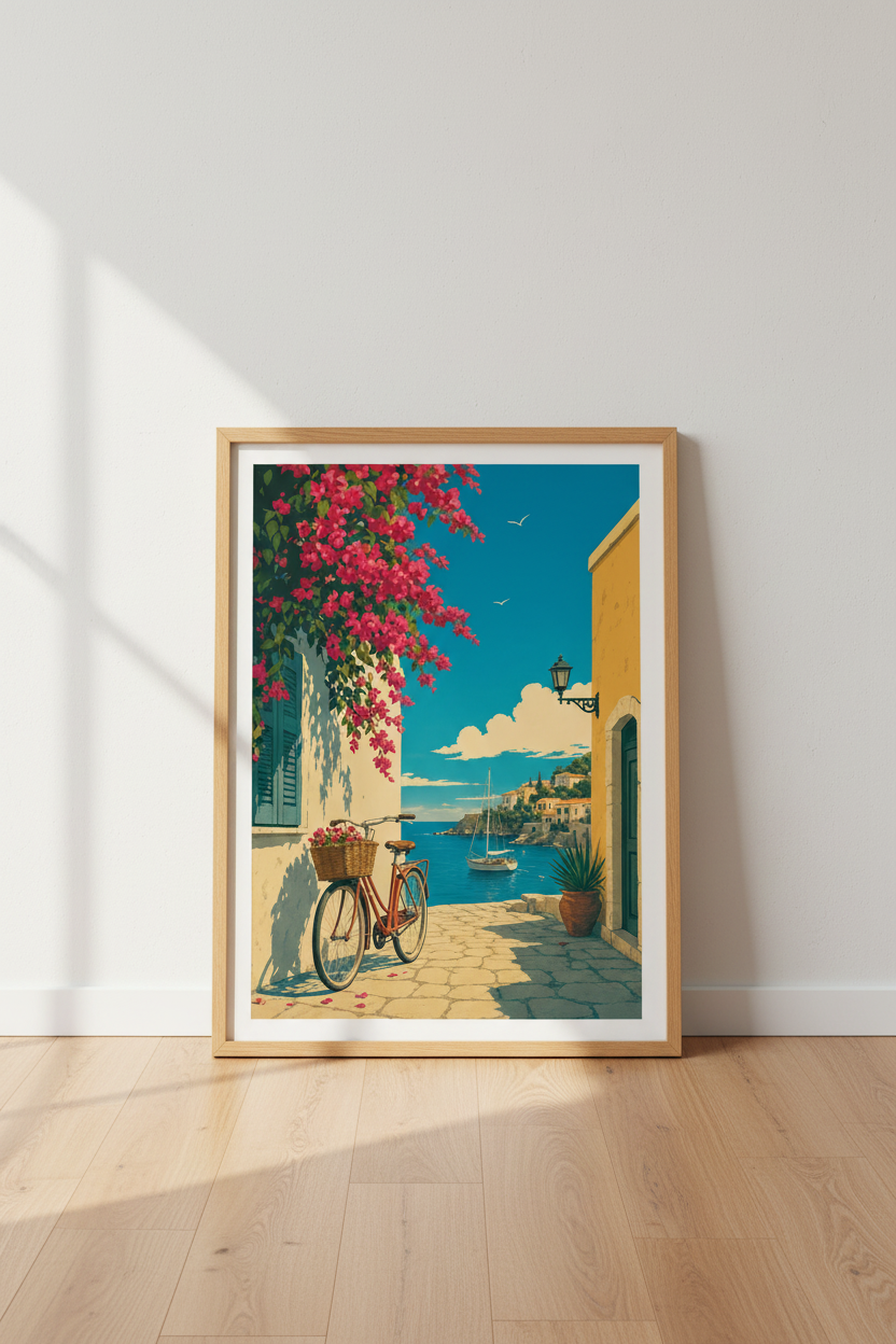 Mediterranean Coastal Village Wall Art | Greece Summer Decor | Retro Travel Poster