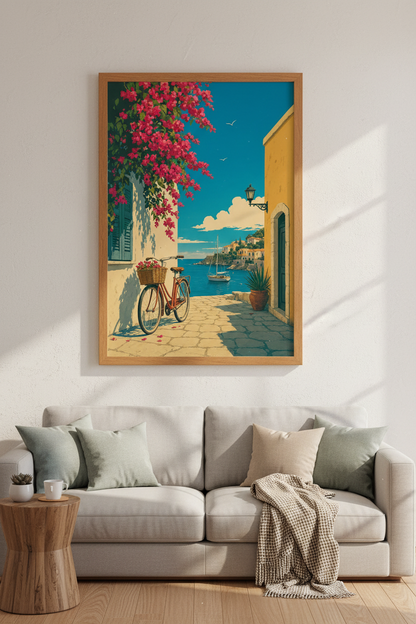 Mediterranean Coastal Village Wall Art | Greece Summer Decor | Retro Travel Poster