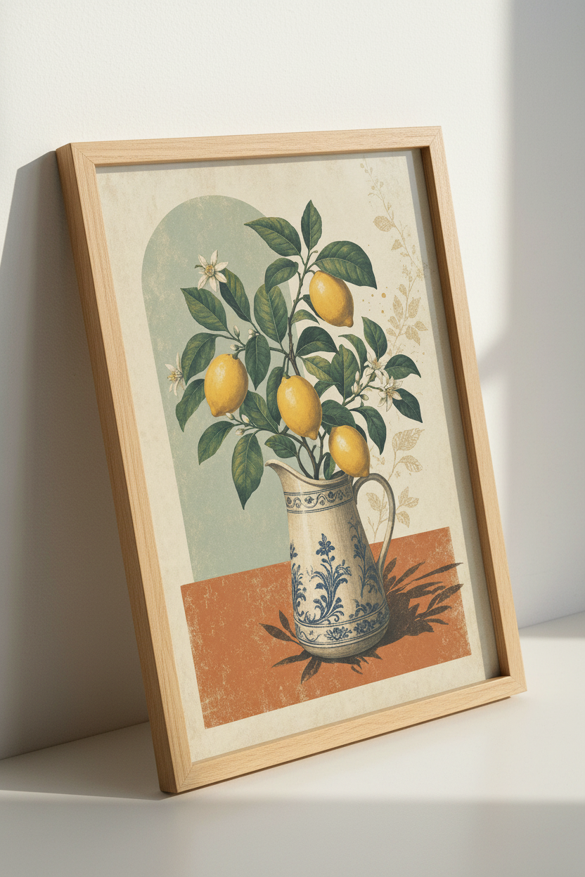 Lemon Tree in Blue Pitcher Wall Art | Vintage Botanical Print, Mediterranean Decor
