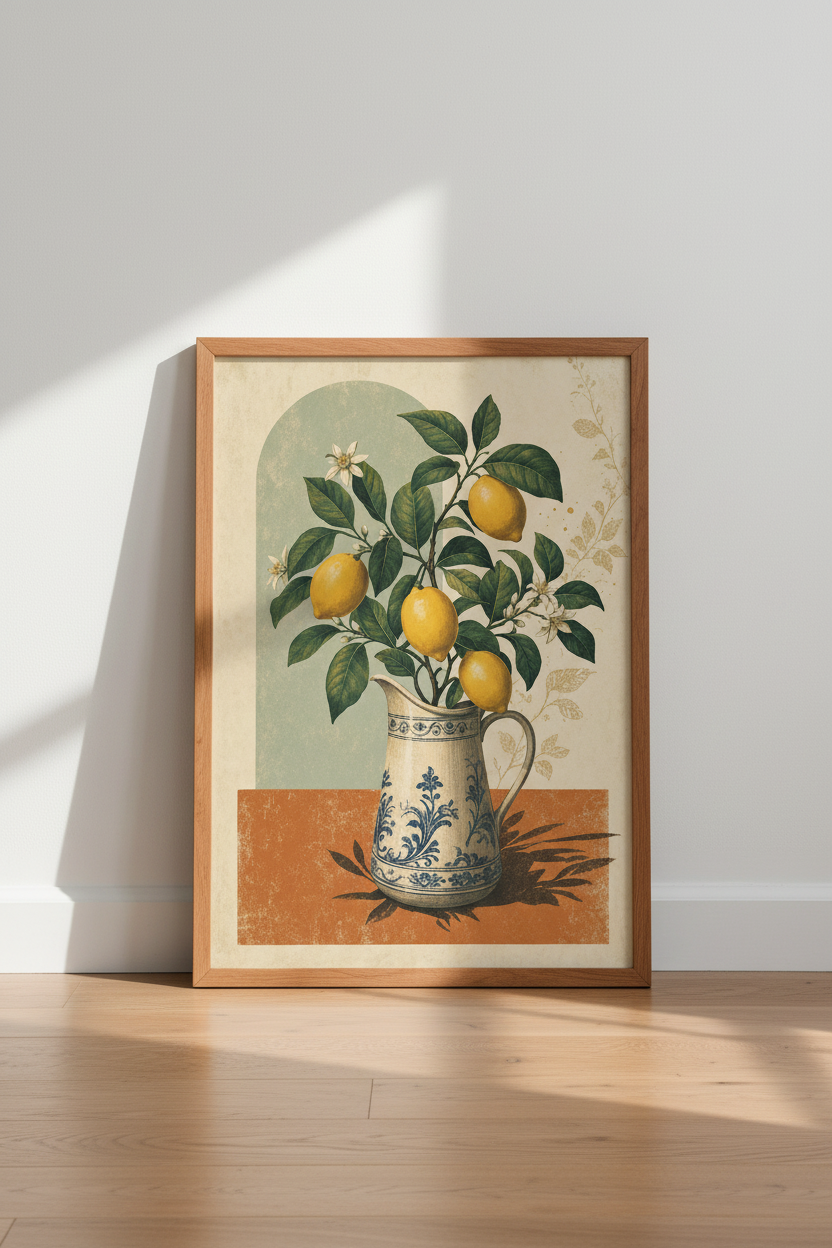 Lemon Tree in Blue Pitcher Wall Art | Vintage Botanical Print, Mediterranean Decor