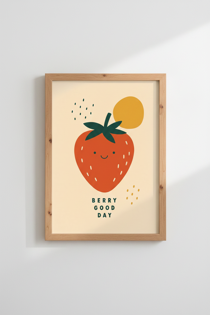 Strawberry Wall Art Print | Cute Fruit Kitchen Decor | Retro Nursery Poster