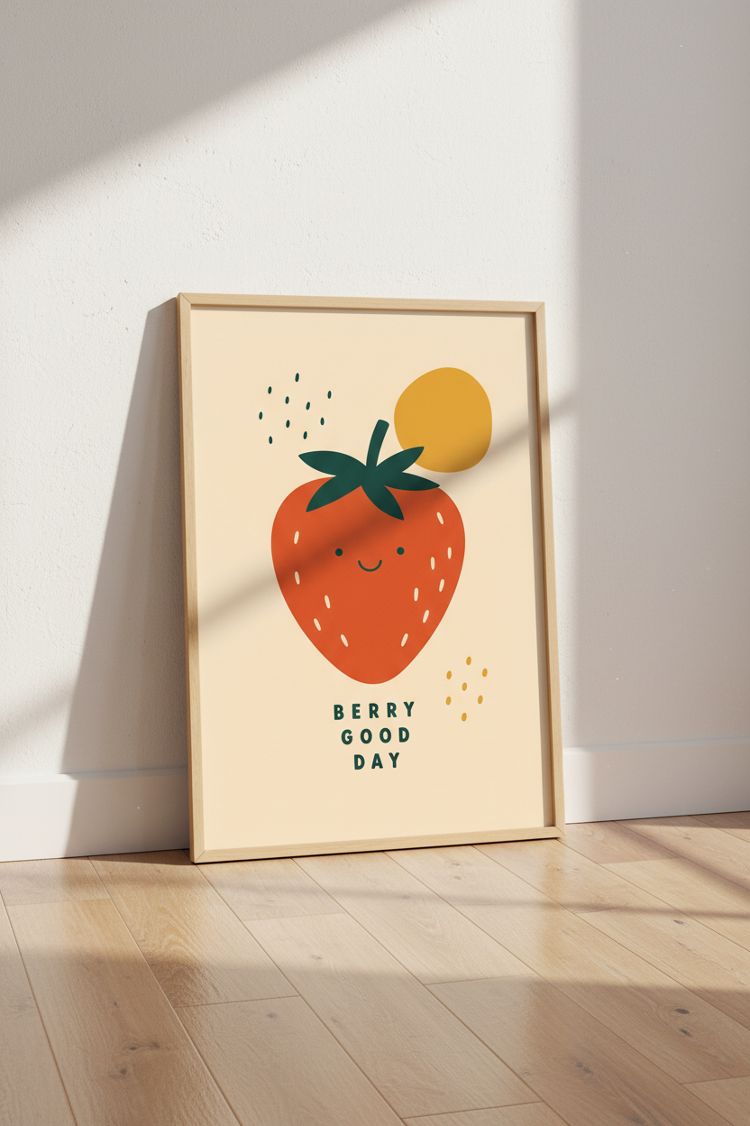 Strawberry Wall Art Print | Cute Fruit Kitchen Decor | Retro Nursery Poster