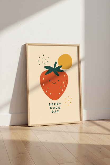 Strawberry Wall Art Print | Cute Fruit Kitchen Decor | Retro Nursery Poster