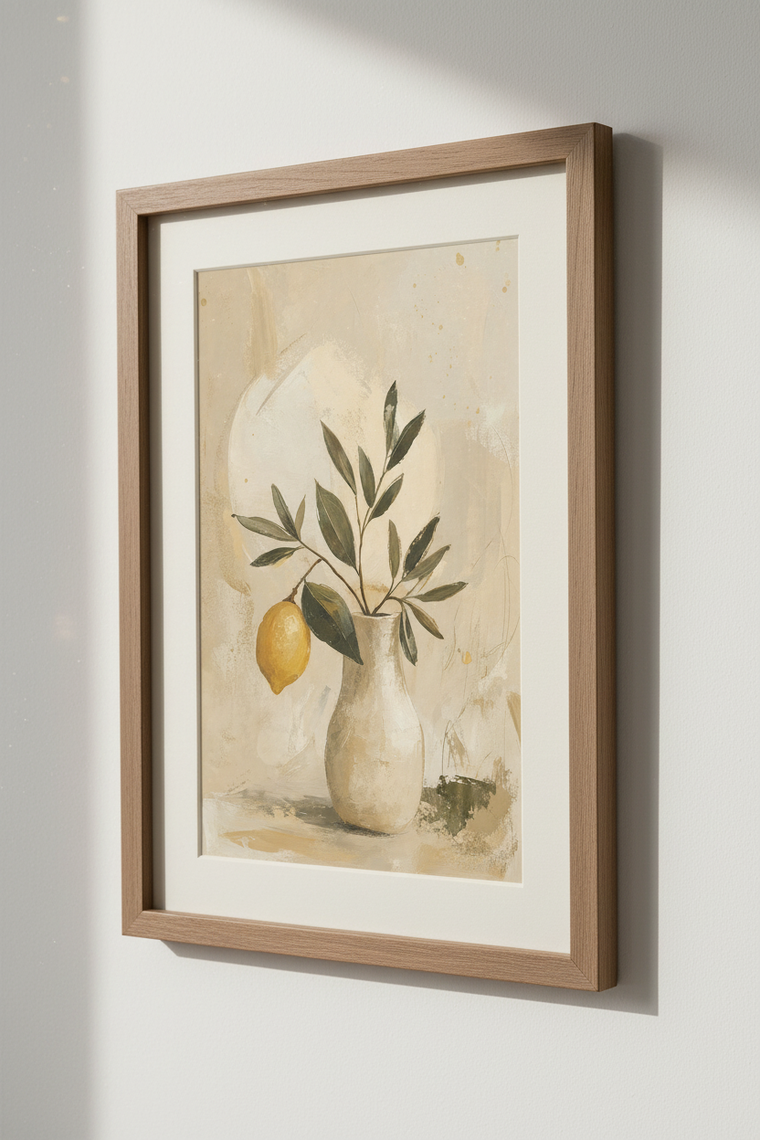 Lemon Branch in Vase Wall Art | Mediterranean Kitchen Decor | Neutral Botanical Poster