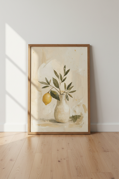 Lemon Branch in Vase Wall Art | Mediterranean Kitchen Decor | Neutral Botanical Poster