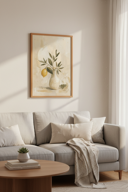 Lemon Branch in Vase Wall Art | Mediterranean Kitchen Decor | Neutral Botanical Poster