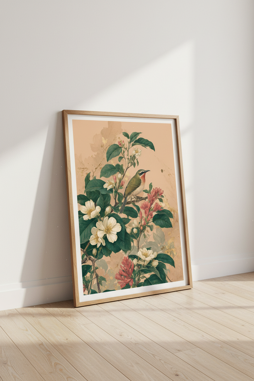 Vintage Botanical Bird Wall Art | Living Room Decor | Chinoiserie Poster