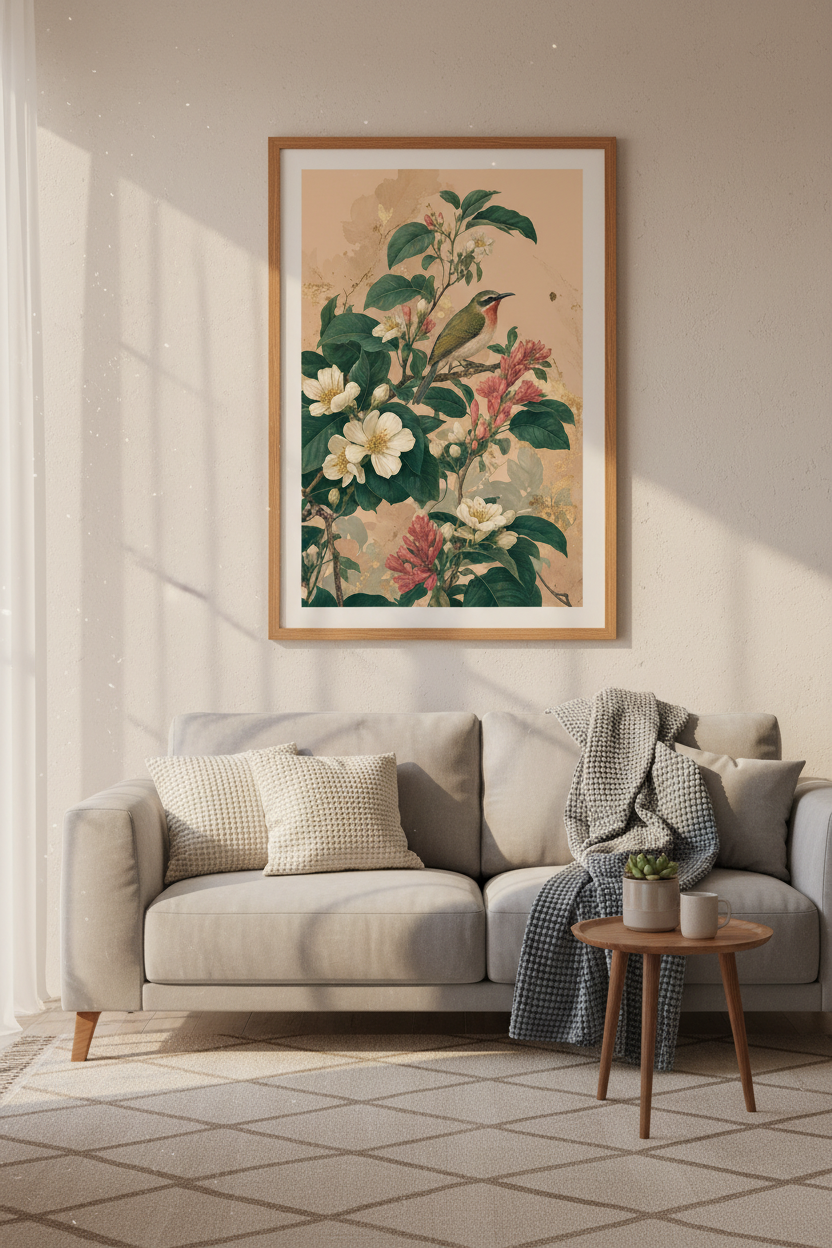 Vintage Botanical Bird Wall Art | Living Room Decor | Chinoiserie Poster