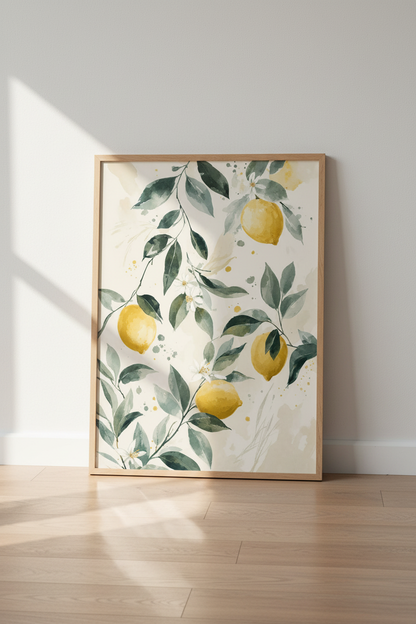 Watercolor Lemon Branch Wall Art | Kitchen Decor | Mediterranean Fruit Poster