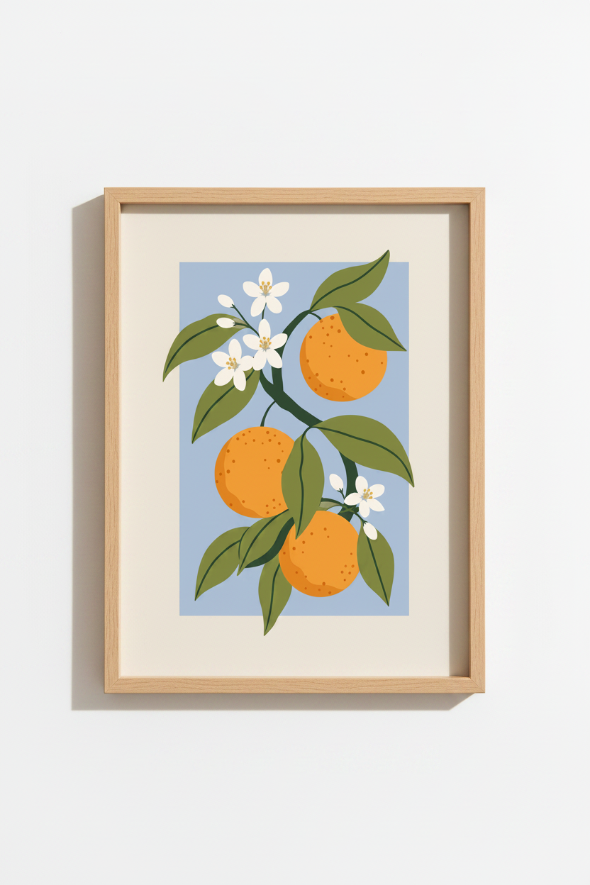 Citrus Wall Art | Modern flat colors, blue backdrop | Kitchen Decor