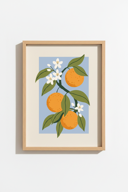 Citrus Wall Art | Modern flat colors, blue backdrop | Kitchen Decor