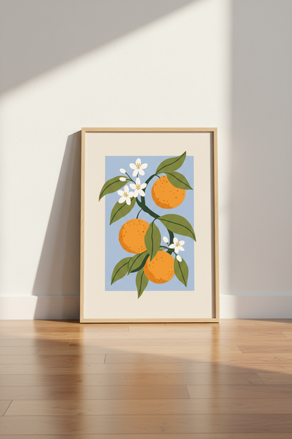Citrus Wall Art | Modern flat colors, blue backdrop | Kitchen Decor