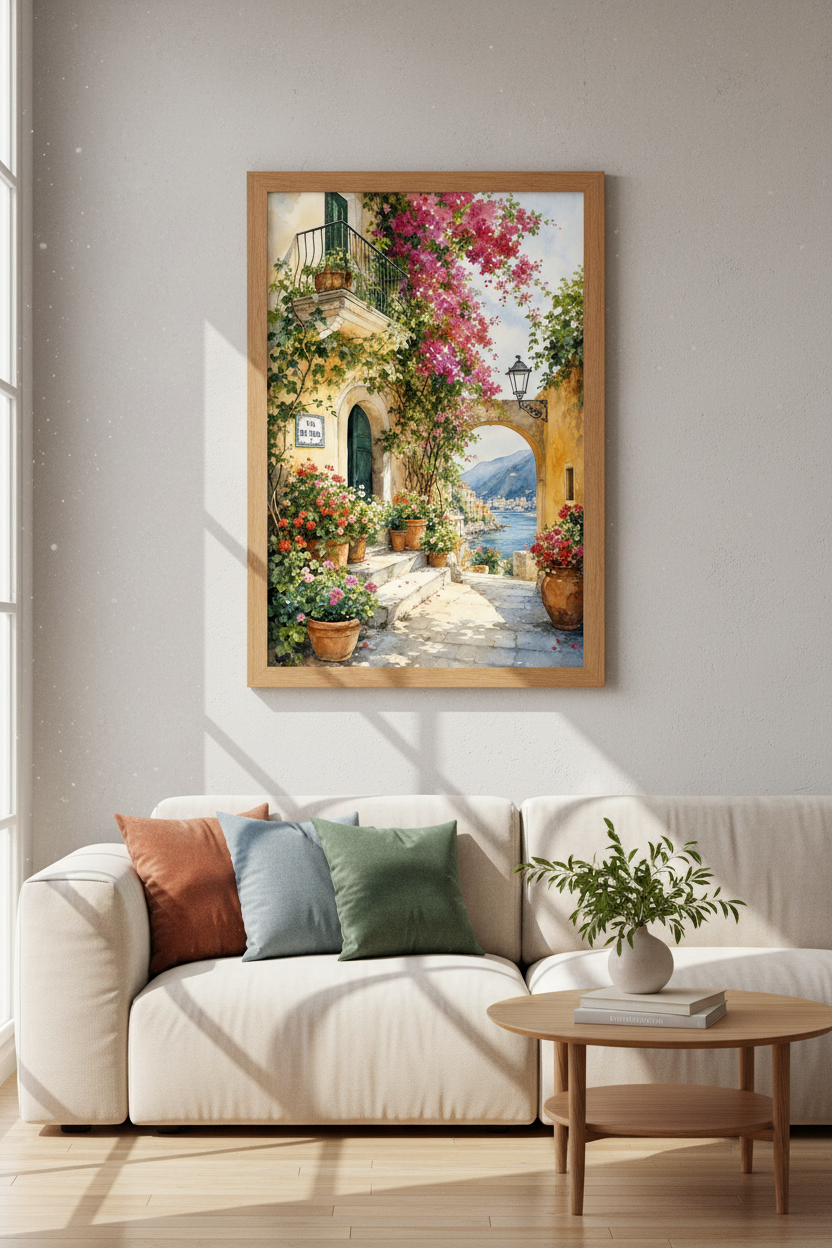Italian Coastal Watercolor Wall Art | Mediterranean Street Decor | Aesthetic Travel Poster