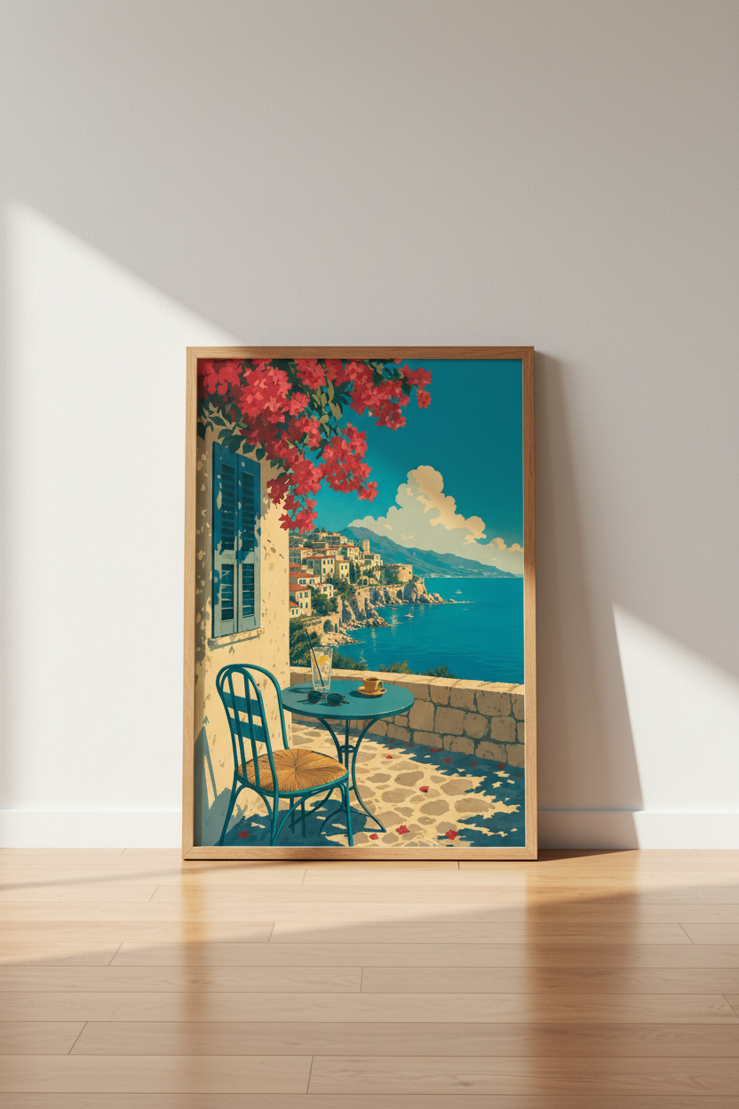 Amalfi Coast Terrace Art Print | Mediterranean View Poster | Coastal Italian Decor