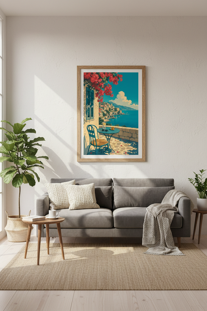 Amalfi Coast Terrace Art Print | Mediterranean View Poster | Coastal Italian Decor