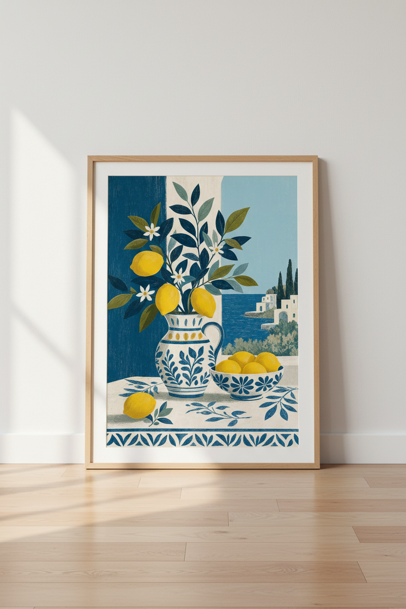 Mediterranean Lemon Still Life Wall Art | Coastal Kitchen Decor | Amalfi Blue Poster