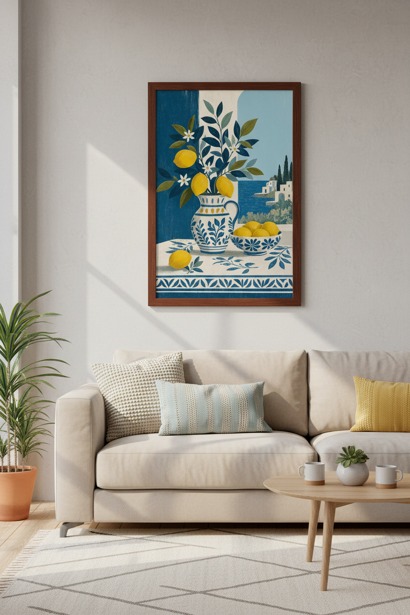 Mediterranean Lemon Still Life Wall Art | Coastal Kitchen Decor | Amalfi Blue Poster