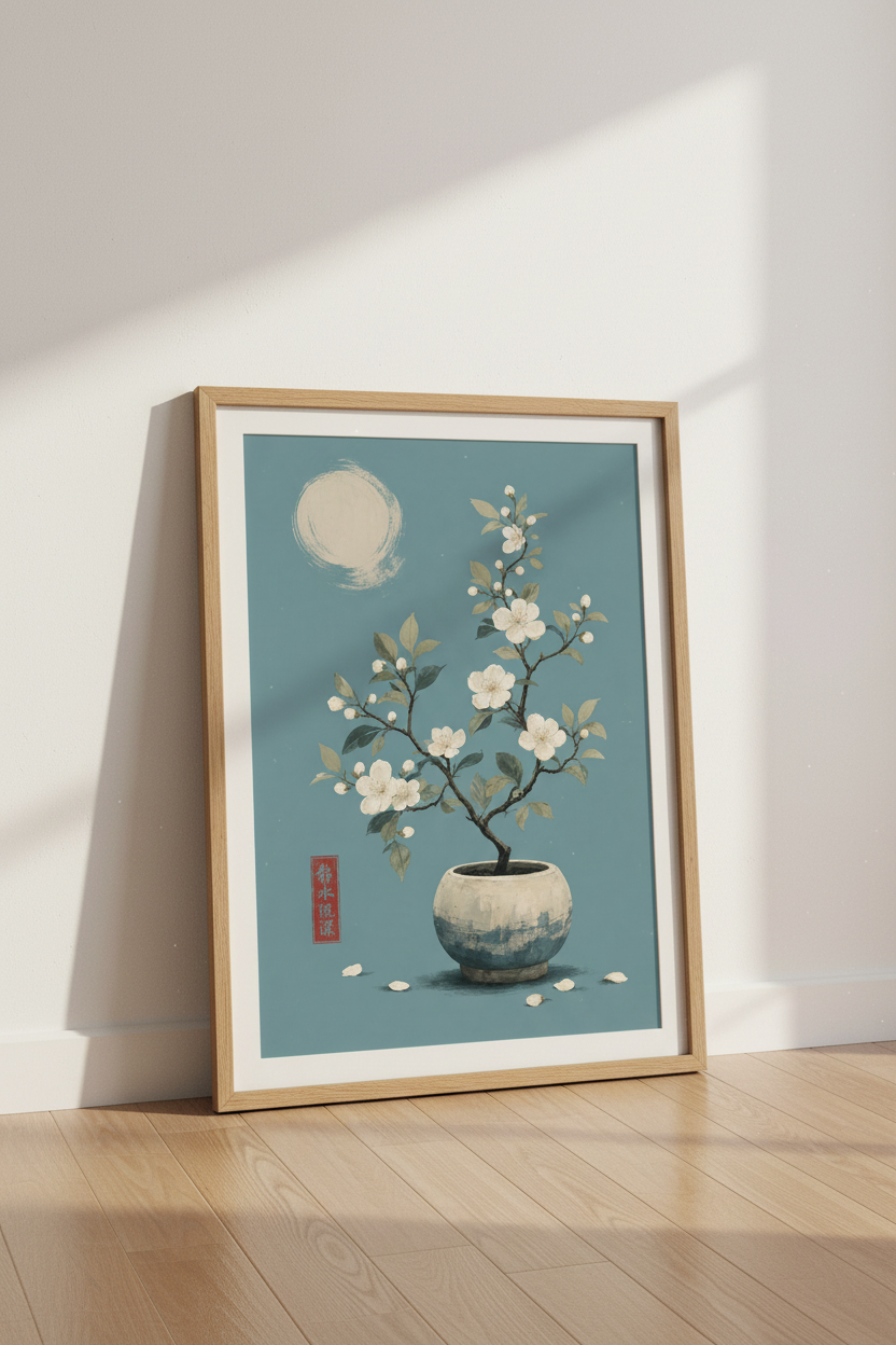Japanese Bonsai Cherry Blossom Wall Art | Teal Zen Floral | Minimalist Poster