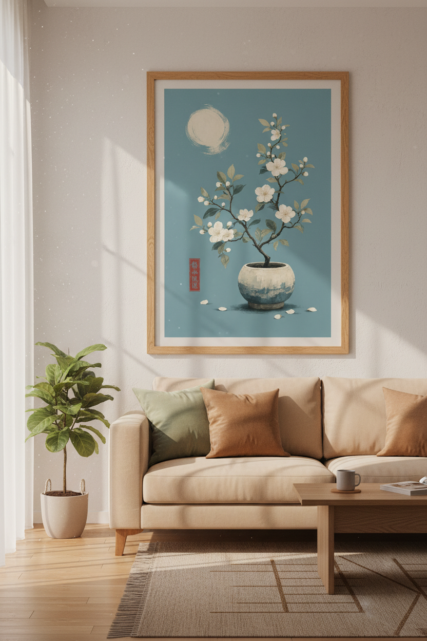 Japanese Bonsai Cherry Blossom Wall Art | Teal Zen Floral | Minimalist Poster