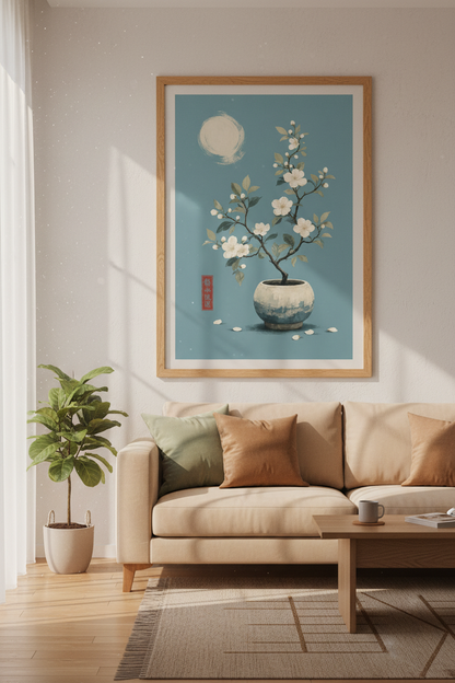 Japanese Bonsai Cherry Blossom Wall Art | Teal Zen Floral | Minimalist Poster