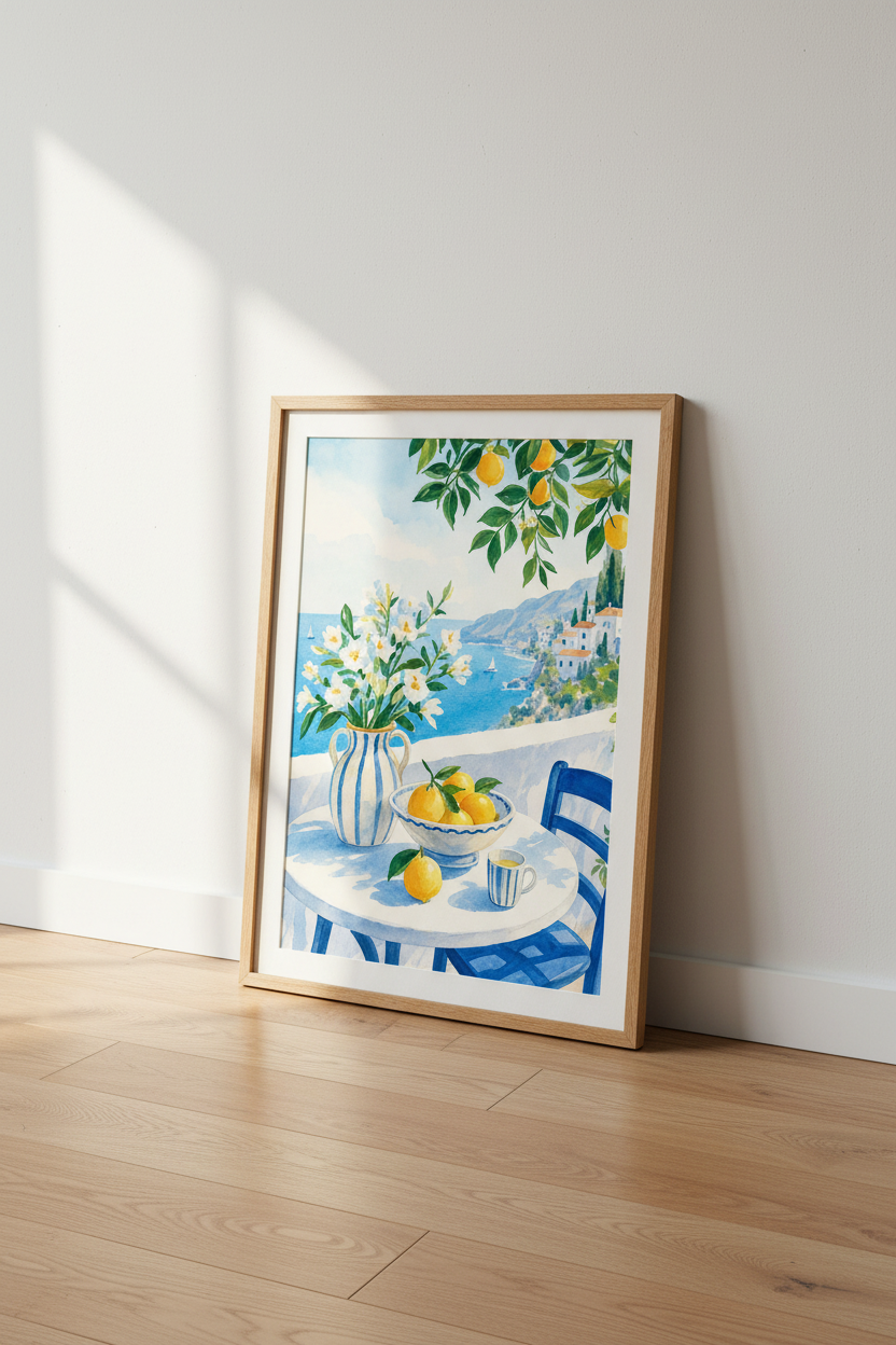 Amalfi Coast Lemon Art | Mediterranean Watercolor Print, Coastal Kitchen Decor
