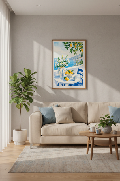Amalfi Coast Lemon Art | Mediterranean Watercolor Print, Coastal Kitchen Decor