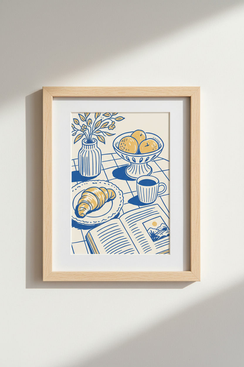 Line Art Wall Print | Blue Yellow Minimalist Still Life, Living Room Decor