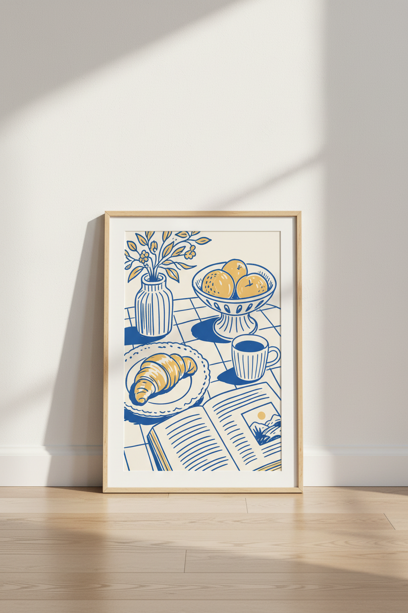 Line Art Wall Print | Blue Yellow Minimalist Still Life, Living Room Decor