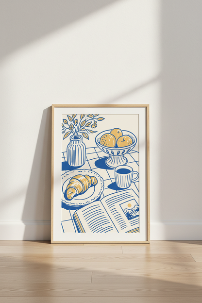 Line Art Wall Print | Blue Yellow Minimalist Still Life, Living Room Decor