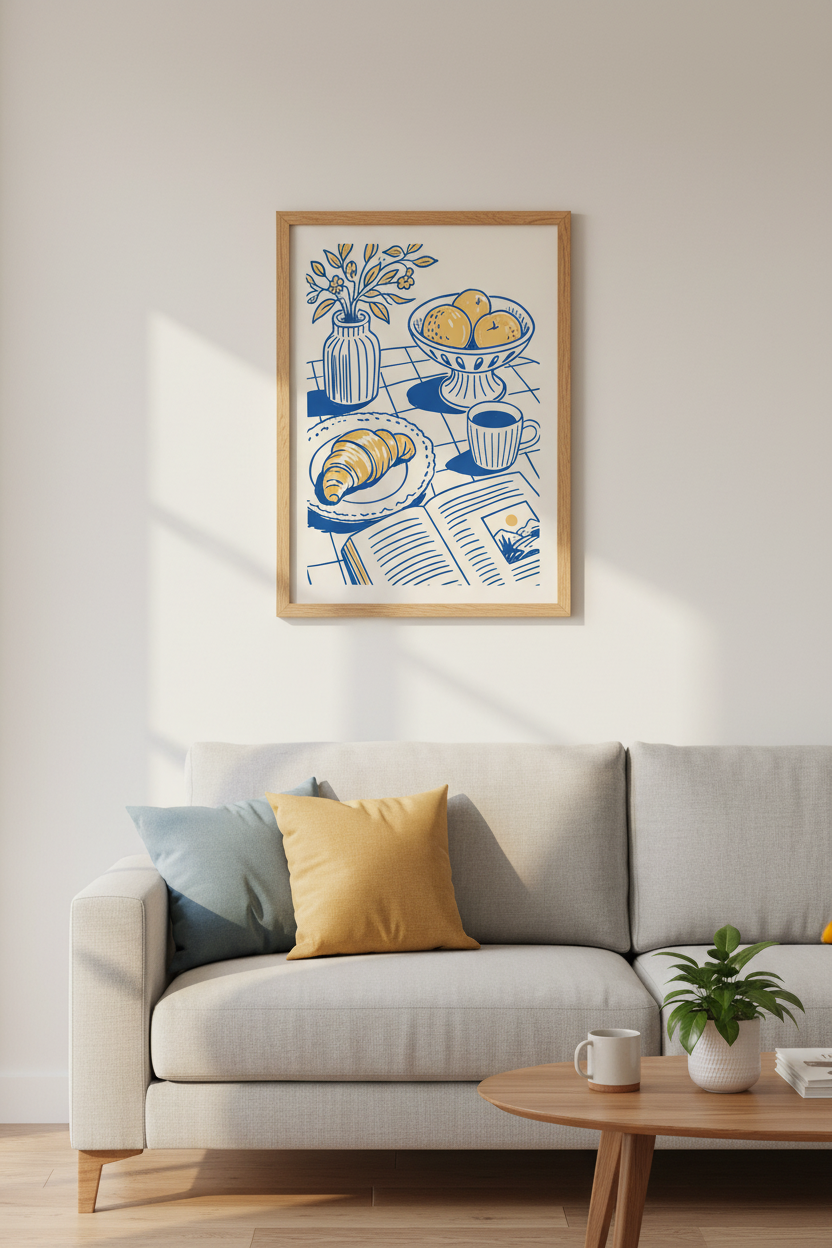 Line Art Wall Print | Blue Yellow Minimalist Still Life, Living Room Decor