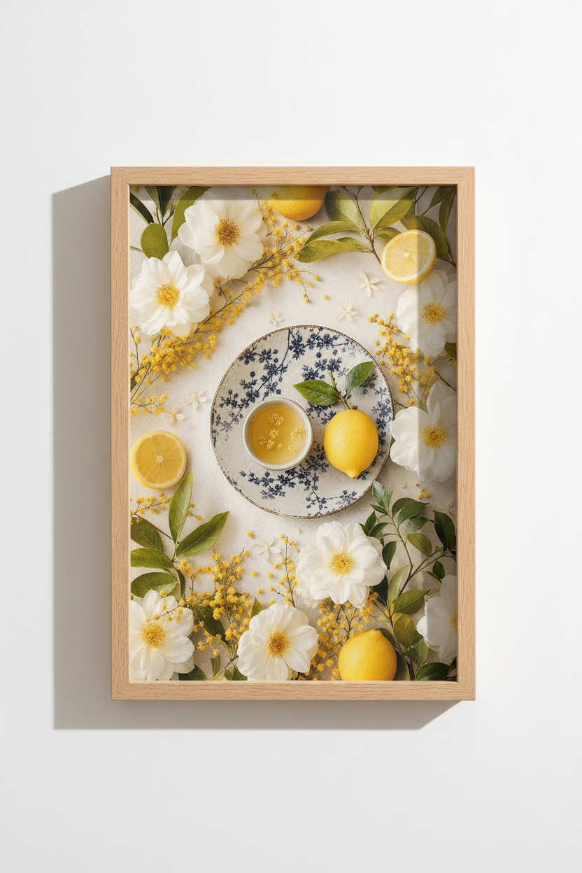 Lemon Kitchen Wall Art | Mediterranean Citrus Print, Yellow Floral Cottagecore Poster