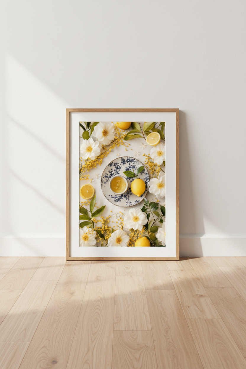 Lemon Kitchen Wall Art | Mediterranean Citrus Print, Yellow Floral Cottagecore Poster