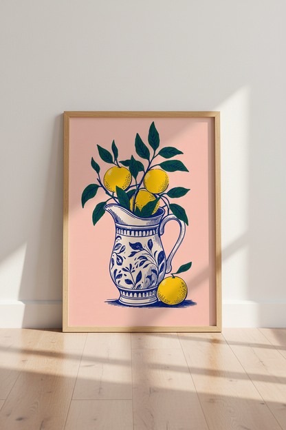 Citrus Fruit in Vase Wall Art | Blue &amp; White Mediterranean Decor | Pink Poster