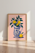 Citrus Fruit in Vase Wall Art | Blue & White Mediterranean Decor | Pink Poster