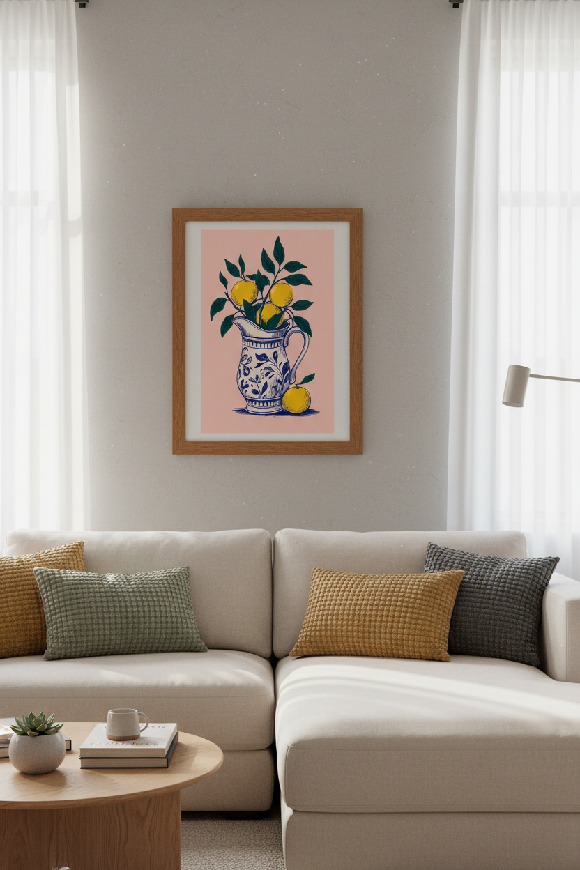 Citrus Fruit in Vase Wall Art | Blue &amp; White Mediterranean Decor | Pink Poster