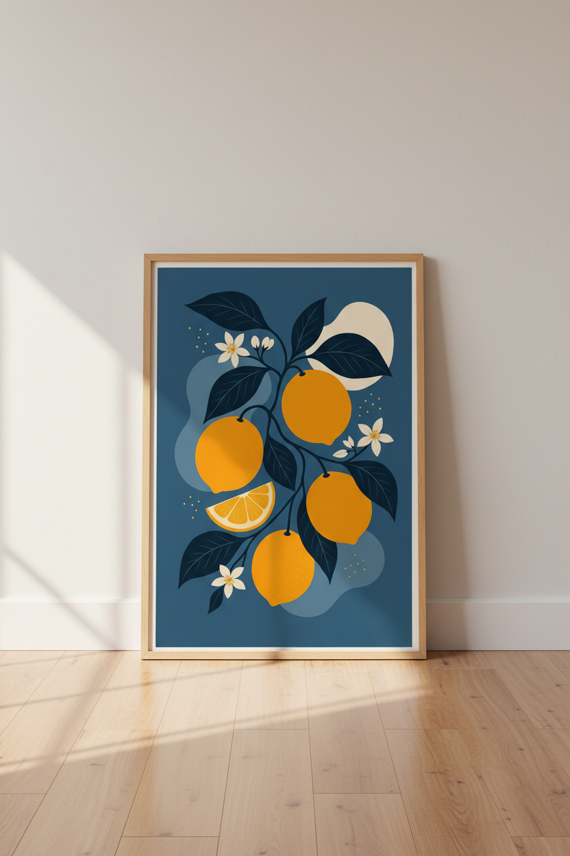 lemon wall art print | Modern blue palette, Living Room Decor | Minimalist Citrus Poster
