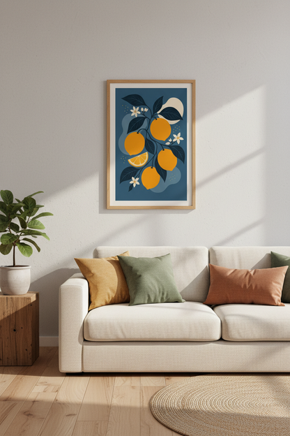 lemon wall art print | Modern blue palette, Living Room Decor | Minimalist Citrus Poster