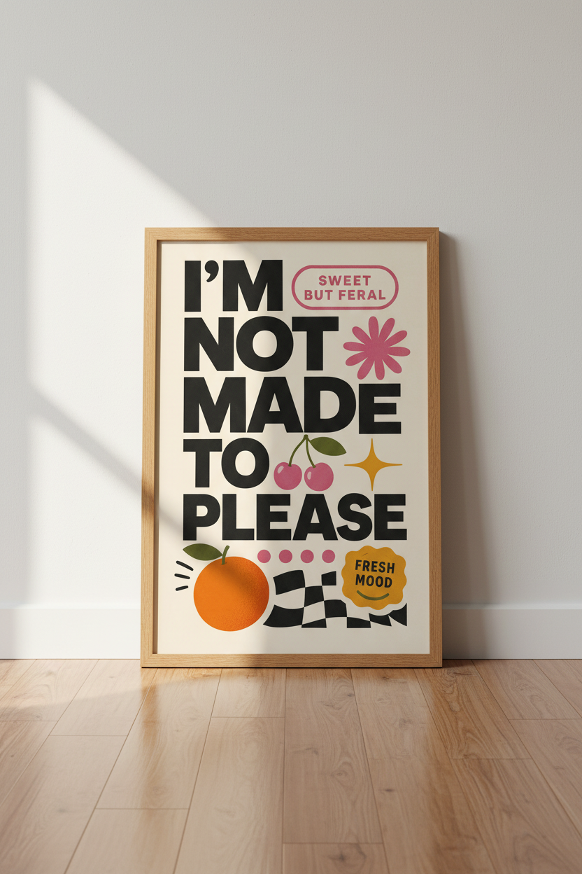 Funny Retro Typography Wall Art | Sweet But Feral Poster | Pink Orange Dorm Decor