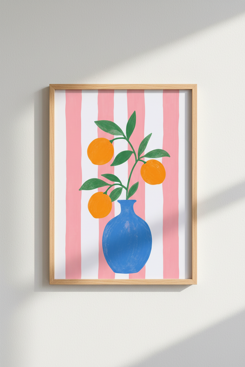 Citrus Fruit Wall Art | Pink Stripes, Blue Vase Orange Poster | Kitchen Decor