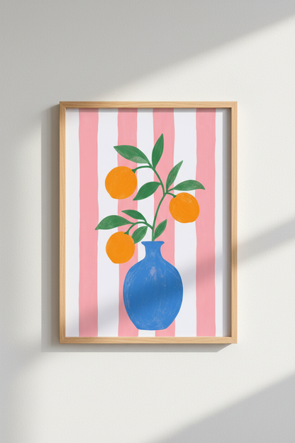 Citrus Fruit Wall Art | Pink Stripes, Blue Vase Orange Poster | Kitchen Decor