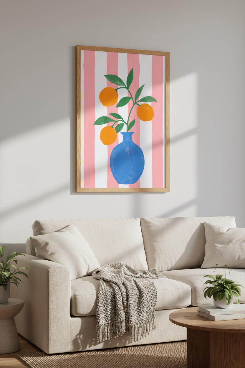 Citrus Fruit Wall Art | Pink Stripes, Blue Vase Orange Poster | Kitchen Decor