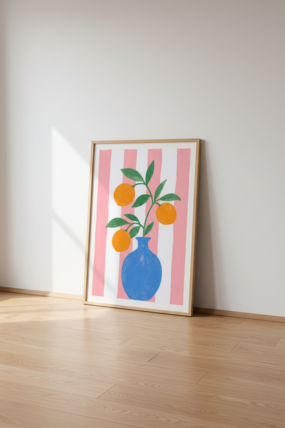 Citrus Fruit Wall Art | Pink Stripes, Blue Vase Orange Poster | Kitchen Decor